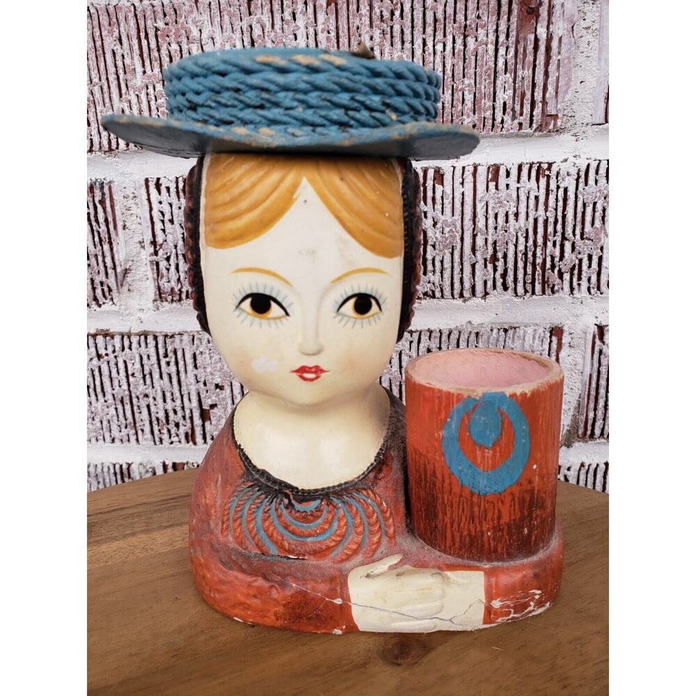 Vintage Hand Painted MCM Collegiate Gemma Taccogna Paper Mache Desk Vanity Caddy